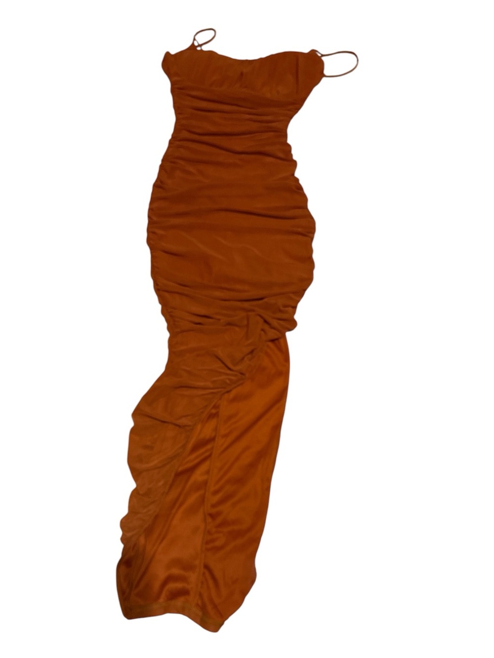 privy Orange Satin Slip Dress with Ruched Detail